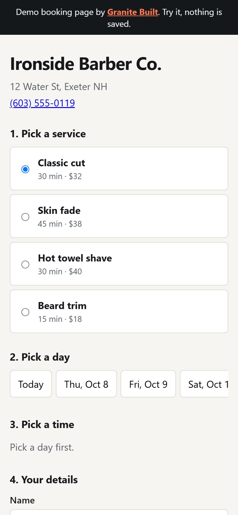 Booking page on a phone with services and open times