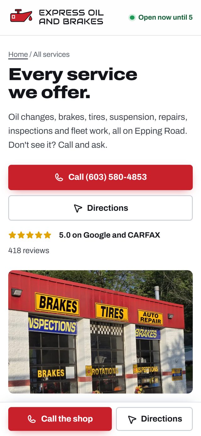 Another page of Express Oil and Brakes on a phone