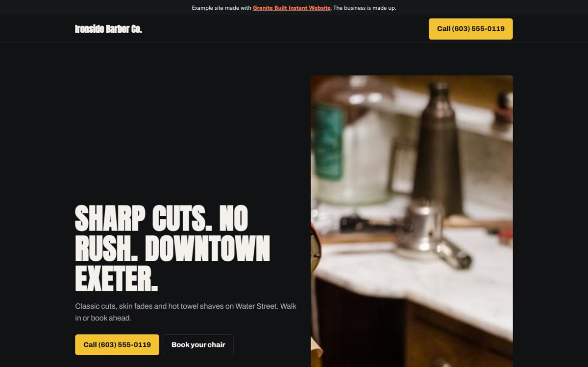 Example Instant Website for a barbershop, desktop and phone