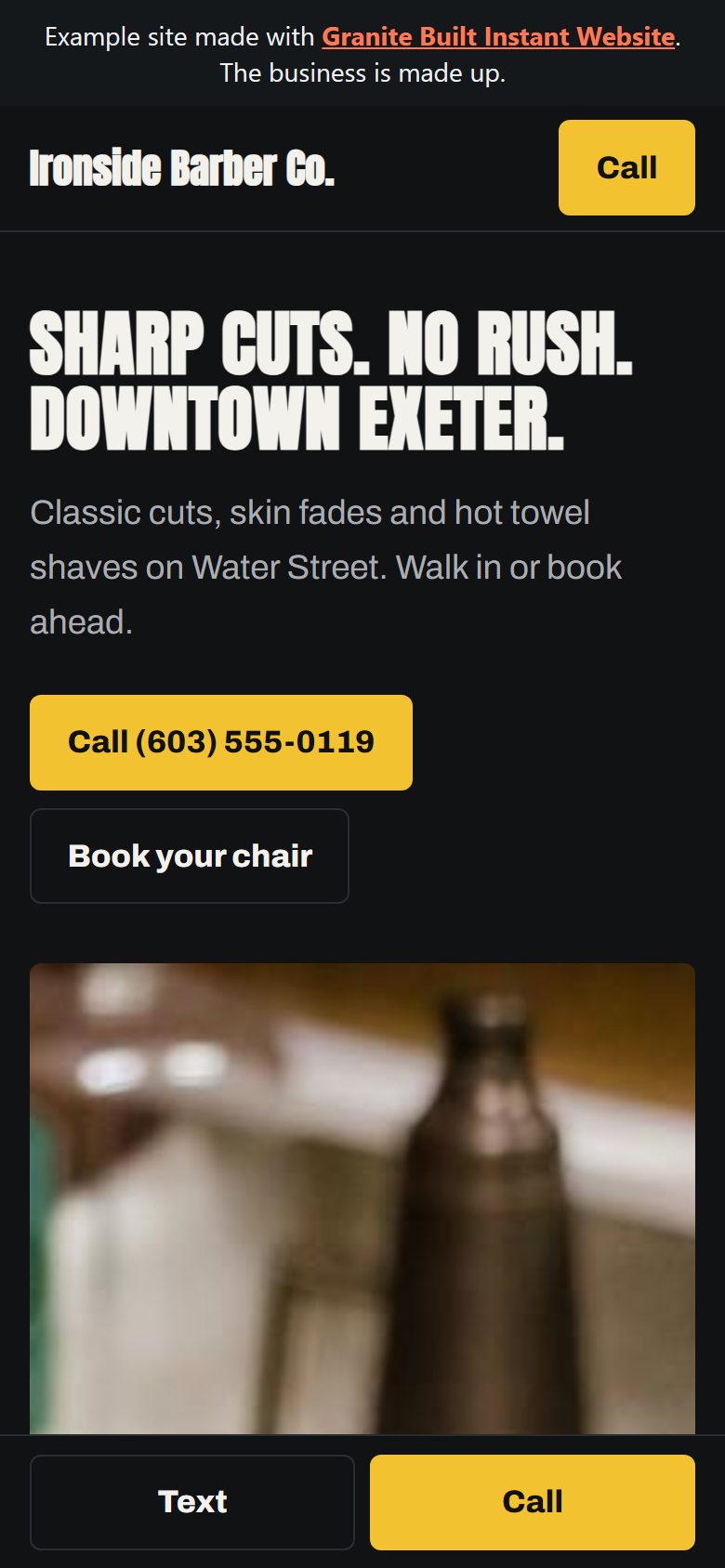 Ironside Barber Co. example website on a phone