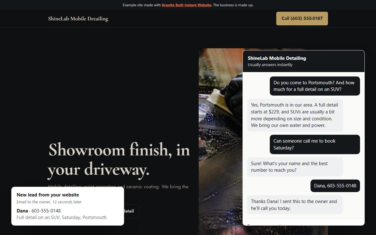 AI assistant answering a customer on a detailing website and sending the lead to the owner