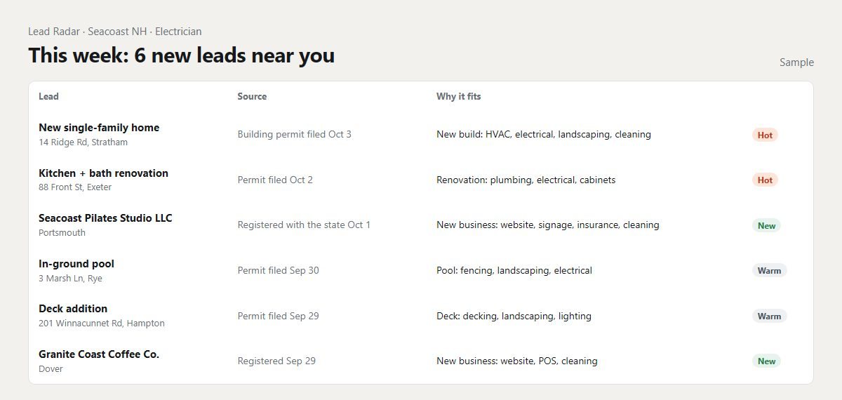 Sample Lead Radar list of new permits and new businesses
