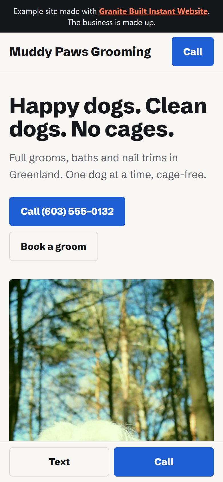 Muddy Paws Grooming example website on a phone