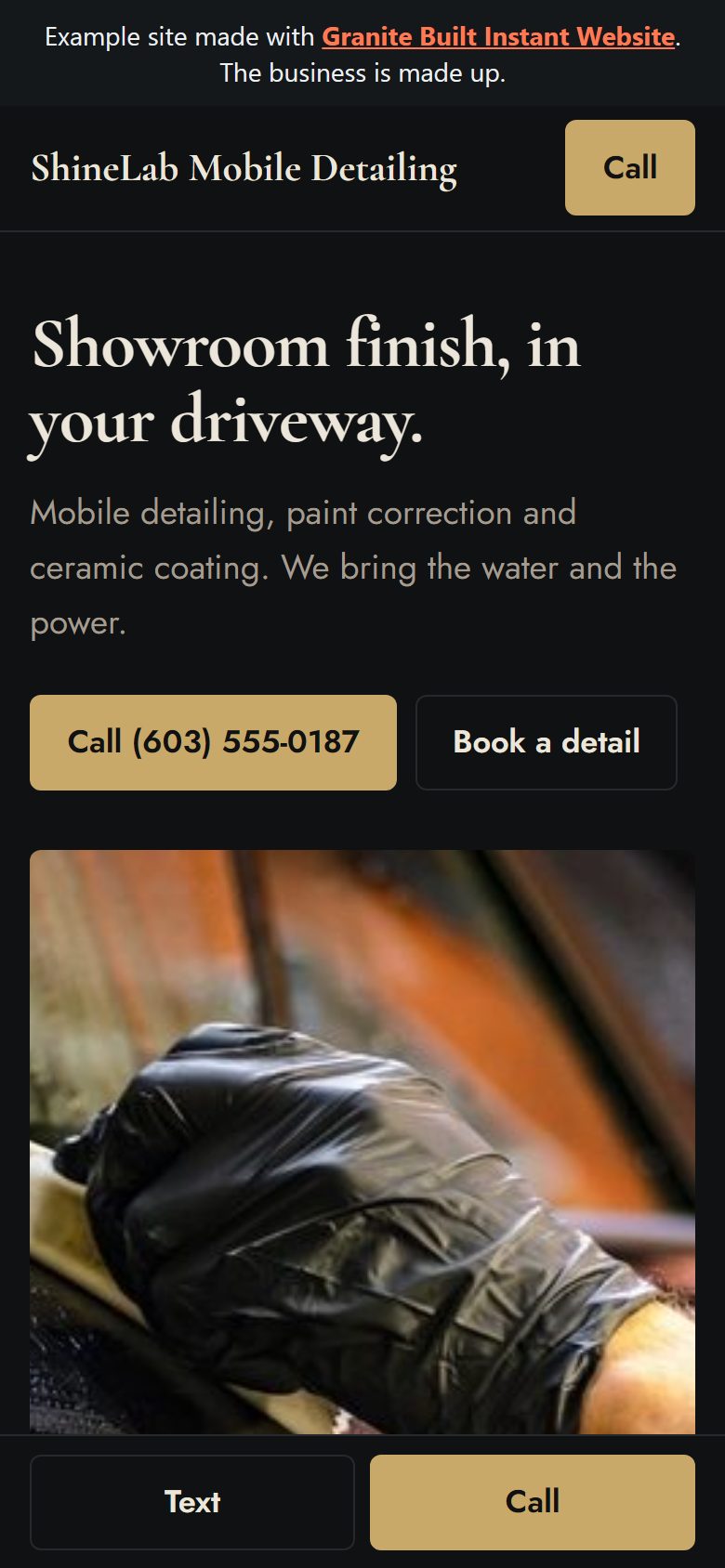 ShineLab Mobile Detailing example website on a phone